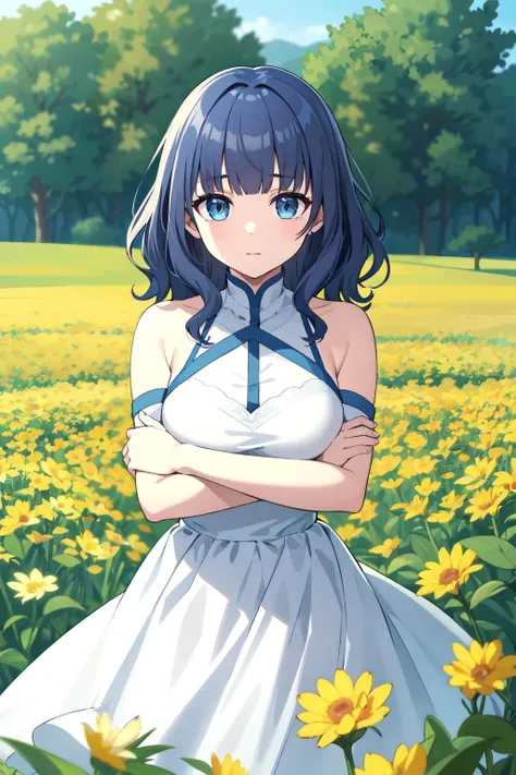 masterpiece, best quality, cute,
medium hair, [blue | blonde] hair, [blue | yellow] eyes, wavy hair, blunt bangs, large breasts, dress, bare shoulders, flower, crossed arms,
depth of field, field,