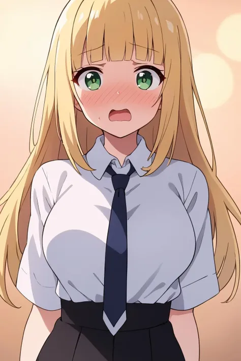 masterpiece, best quality, solo, petite, anime screencap, 
long hair, wavy hair, blonde hair, blunt bangs, green eyes, large breasts, shirt, surprised, nose blush, narrow waist, necktie,
portrait, simple background, bokeh,