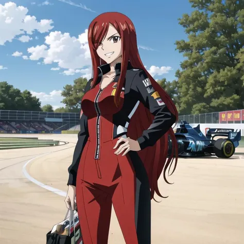 <lora:erza_v1:0.8>, fairy tail, 1girl, long hair, red hair, brown eyes, hair over one eye, outdoors, racing track, ((formula one car)), ((red racing car)), absolute Cleavage, open zipper, very low zipper, red racing suit, body suit, crotch zipper, standing outside, race garage in the background, <lora:Racing_Suit:0.5>, crowd, sweating, trees, looking to viewer, smiling, clenched teeth