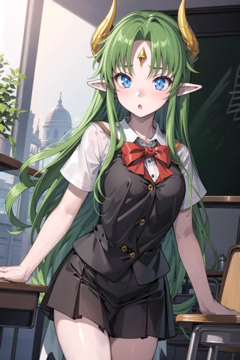 1girl, masterpiece, best quality, highly detailed, illustration, feliss, classroom, standing, school uniform, skirt, red forehead jewel, parted bangs, :o, <lora:Feliss:0.7>