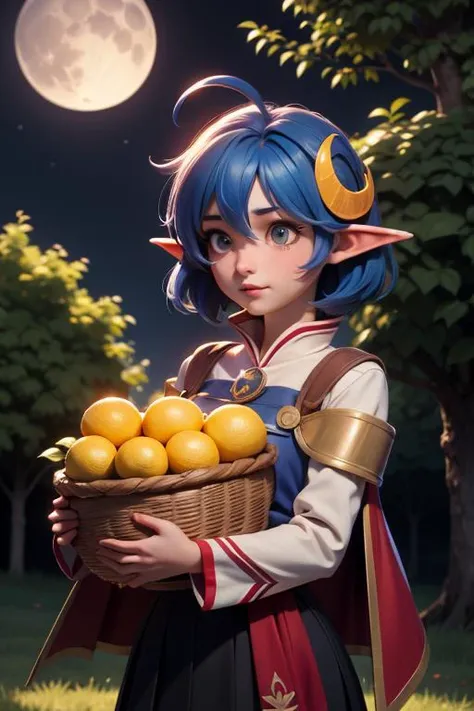 (masterpiece, best quality, highres)
<lora:SO2-RenaLanford-tappy:1> rena, crescent hair ornament, renadef, red cape, blue skirt, ahoge, short hair, nature, trees, carrying basket of lemons, night, moon, portrait