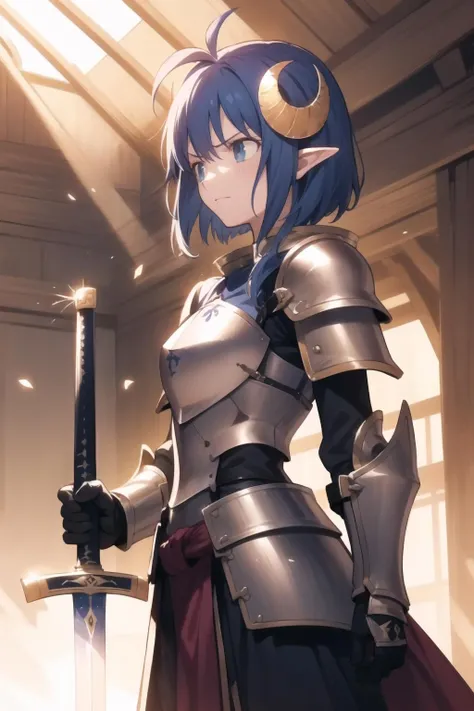 <lora:takeuchi-000013:0.8>
<lora:rena-000015:1> rena, crescent hair ornament,
1girl, solo, shed, sidelighting, sunbeam, dust, sword, armor, serious, armored gloves, standing, from side, looking down