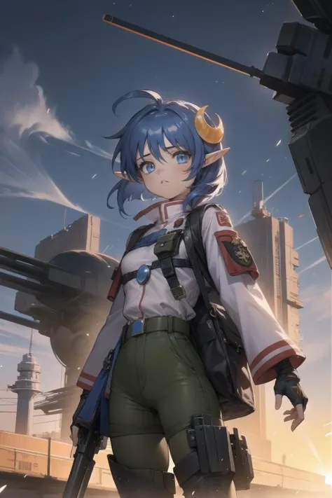 <lora:masamune_shirow_v0.5_065_v0.3_035:1>
<lora:rena-000015:1> rena, crescent hair ornament, military uniform,
1girl, solo, science fiction, combat, mecha, outdoors