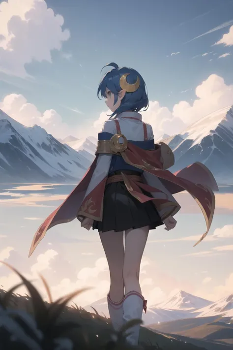 <lora:rena-000015:1> rena, renadef, crescent hair ornament, red cape, blue skirt,
1girl, solo, mountain, looking away, wind, path