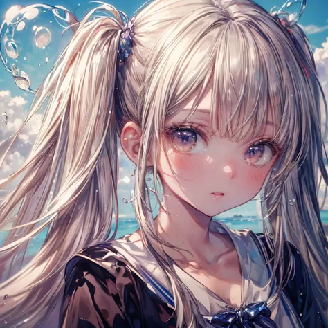 (masterpiece,ultra-detailed,best quality:1.5)(uncensored,mosaic censoring,realstic,illustration,perfect-composition,Clean skin,photographical skin,shiny skin,shiny hair, detailed beautiful face,photographical hair,detailed background,shaved:1.2),<lora:add_detail:1>, (petite girl:1.5) (twin tails,long hair,straight hair:1.2), <lora:unhorny_v01:3> <lora:Water:0.3> (bubble:1.2), cloud, sky, water