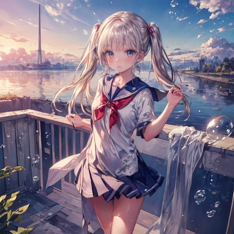 (masterpiece,ultra-detailed,best quality:1.5)(uncensored,mosaic censoring,realstic,illustration,perfect-composition,Clean skin,photographical skin,shiny skin,shiny hair, detailed beautiful face,photographical hair,detailed background,shaved:1.2),<lora:add_detail:1>, (petite girl:1.5) (twin tails,long hair,straight hair:1.2), <lora:unhorny_v01:3> <lora:Water:0.3> (bubble:1.2), cloud, sky, water,thigh,school uniform
