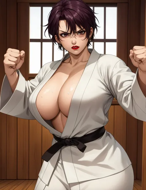 detailed, (solo), milf, YuukiAyaka standing in dojo, 1girl, mature female,short hair, red lipstick, makeup, eyeshadow, brown eyes, earrings, jewelry, huge breasts,dougi, kimono, martial arts black belt, actio pose, fist, angry, frowning,large room, wooden floor, large windows, sweating, sweat drops, wet, 
<lora:YuukiAyaka:0.85>