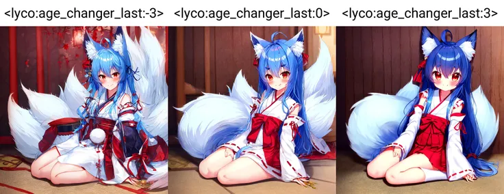 masterpiece,best quality,1girl, animal ears, tail, solo, fox ears, fox tail, detached sleeves, japanese clothes, long hair, ahoge, sitting, fox girl, ribbon-trimmed sleeves, looking at viewer, fang, seiza, smile, animal ear fluff, miko, red eyes, fang out, ribbon trim, closed mouth, wide sleeves, blue hair, thick eyebrows, blush, kimono, long sleeves, full body, bangs, hakama, multiple tails, white kimono, hair between eyes, short eyebrows, red hakama, sleeves past wrists, skirt, <lyco:age_changer_last:-3>