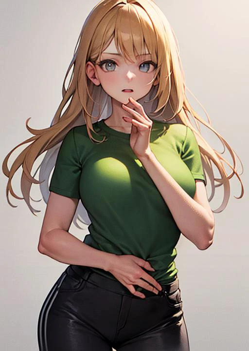 (masterpiece, best quality, perfect anatomy),white background,cowboy shot,
1girl, solo, blonde hair, blues eyes, ,looking at viewer,green t-shirts,black pants,hands hips
<lora:age_changer_last:-0.5>,sfw
