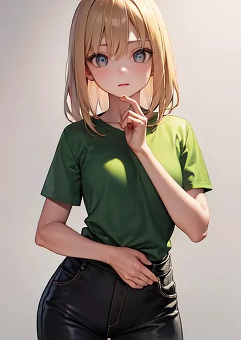(masterpiece, best quality, perfect anatomy),white background,cowboy shot,
1girl, solo, blonde hair, blues eyes, ,looking at viewer,green t-shirts,black pants,hands hips
<lora:age_changer_last:0.5>,sfw