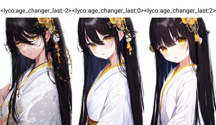 masterpiece,best quality,1girl, solo, long hair,black hair, yellow eyes,looking at viewer,hair ornament,kimono,white background,<lyco:age_changer_last:-2>