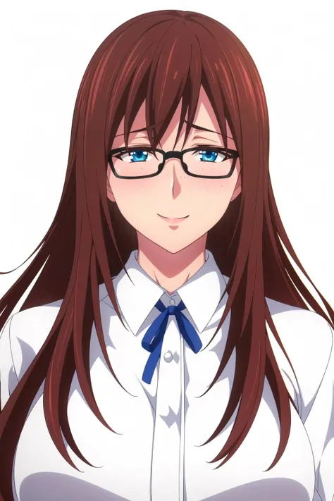Simple White Background,
collared shirt,White shirt,ribbon,
<lora:Rena_Yukuhashi_Jimihen-KK77-V1:0.7>,semi-rimless eyewear,
blue eyes, brown hair,long hair,hair between eyes, 
<lora:Mariana_Luciano_NON_VIRGIN-KK77-V1:0.3>,<lora:more_details:0.1>,
1 girl, 20yo,Young female,Beautiful Finger,Beautiful long legs,Beautiful body,Beautiful Nose,Beautiful character design, perfect eyes, perfect face,expressive eyes,perfect balance,
looking at viewer,(Focus on her face),closed mouth, (innocent_big_eyes:1.0),Light_Smile,
official art,extremely detailed CG unity 8k wallpaper, perfect lighting,Colorful, Bright_Front_face_Lighting,shiny skin, 
(masterpiece:1.0),(best_quality:1.0), ultra high res,4K,ultra-detailed,
photography, 8K, HDR, highres, absurdres:1.2, Kodak portra 400, film grain, blurry background, bokeh:1.2, lens flare, (vibrant_color:1.2),professional photograph, 
(Beautiful,large_Breasts:1.4), (beautiful_face:1.5),(narrow_waist),