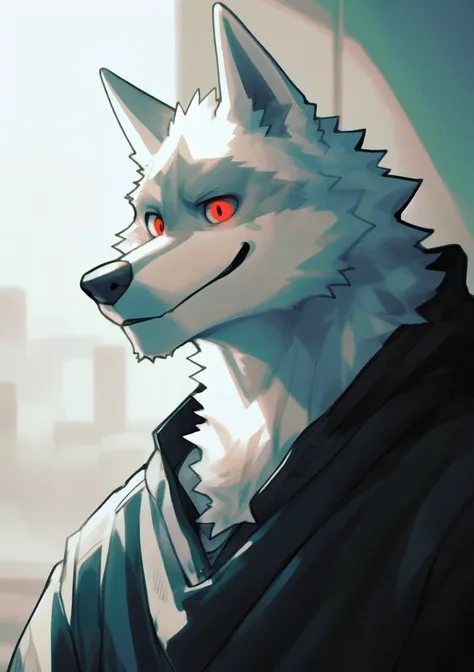 monochrome, glowing, spot color, furry, solo, male, wolf, mouth closed, clothing, close-up, red eyes, dark, by k0bit0wani, by kiyosan, by milkytiger1145, by jrjresq, <lora:deathwolf:0.9>