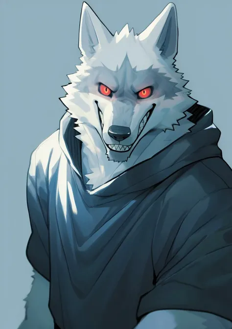 monochrome, glowing, spot color, furry, solo, male, wolf, mouth closed, sharp teeth, looking at viewer, grin, clothing,, red eyes, glowing eyes, dark light, by k0bit0wani, by kiyosan, by milkytiger1145, by jrjresq, <lora:deathwolf:1>