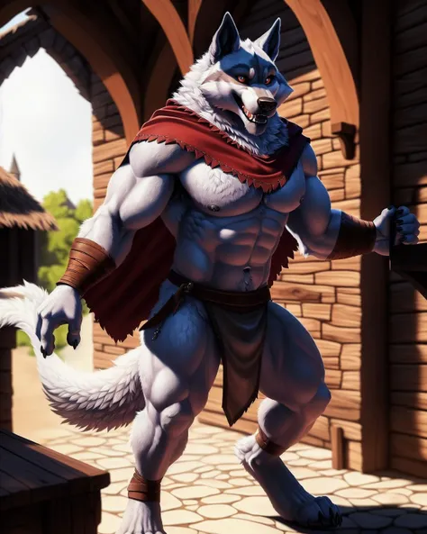 deathwolf, (detailed fluffy fur, detailed fur texture:1.2), adult, male, solo, muscular, loincloth,  cape, detailed background, medieval village background, photorealistic, hyper realistic, ultra detailed,  <lora:de1:0.7>