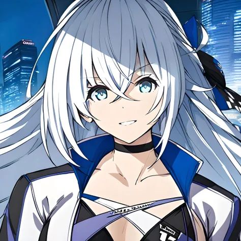 (masterpiece),(best quality),(ultra-detailed),(best illustration),(best shadow),(absurdres),(detailed background),(very aesthetic), shizuna rem misurugi, 1girl, race queen, long hair, solo, breasts, white hair, choker, looking at viewer, smile, jacket, blue eyes,  night city background, racequeenoutfit<lora:XL-Shizunav1ALT:1>