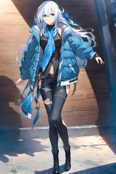 (masterpiece),(best quality),(ultra-detailed),(best illustration),(best shadow),(absurdres),(detailed background),(very aesthetic),shizuna rem misurugi, 1girl, solo, standing, jacket, blue eyes, long hair, blue jacket, kuro2, black heel, full body, from the front, torn pants,  <lora:XL-Shizunav1ALT:1>