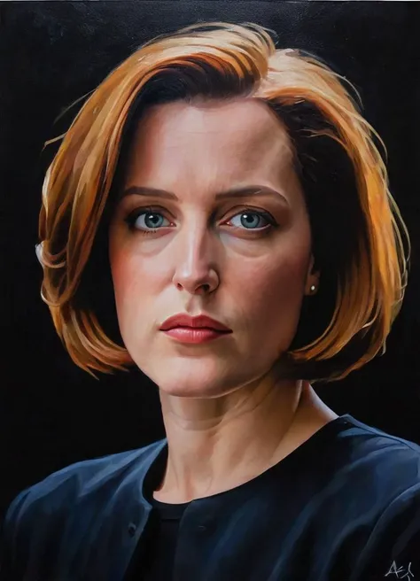an art project, a classic and colorful oil painting of agentscully, short hair, bob cut, fine art with a black background, portrait, masterpiece,
<lora:DanaScullyXL_v2:0.8>