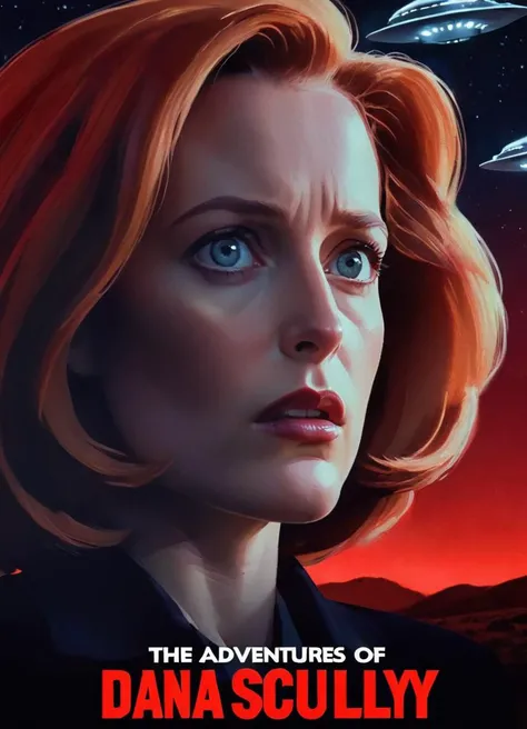 cinematic movie poster starring agentscully, realistic portrait of a woman, science fiction theme, night, dark sky, dramatic light, light effects, outside, ufo in the sky, movie title text "The Adventures of Dana Scully" in bold letters, red background, double exposure,
<lora:DanaScullyXL_v2:0.8>