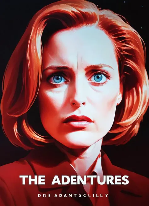 cinematic movie poster starring agentscully, realistic portrait of a woman, science fiction theme, night, dark sky, dramatic light, light effects, outside, ufo in the sky, movie title text "The Adventures of Dana Scully" in bold letters, red background, double exposure,
<lora:DanaScullyXL_v2:0.8>