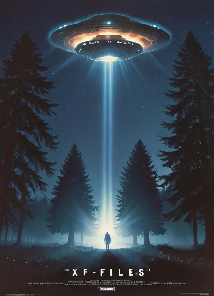 cinematic movie poster starring agentscully, science fiction theme, night, dark sky, dramatic light, light effects, outside, trees in the background, ufo in the sky, movie title text "The X-Files" in bold letters,
<lora:DanaScullyXL_v2d-step00002100:0.8>