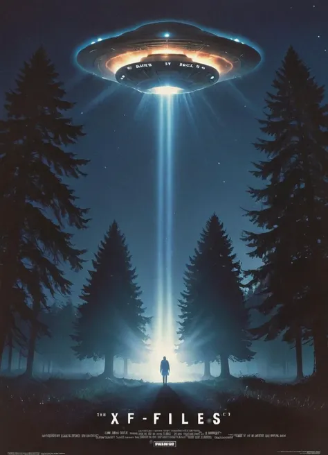 cinematic movie poster starring agentscully, science fiction theme, night, dark sky, dramatic light, light effects, outside, trees in the background, ufo in the sky, movie title text "The X-Files" in bold letters,
 <lora:DanaScullyXL_v2d-step00002100:0.8>