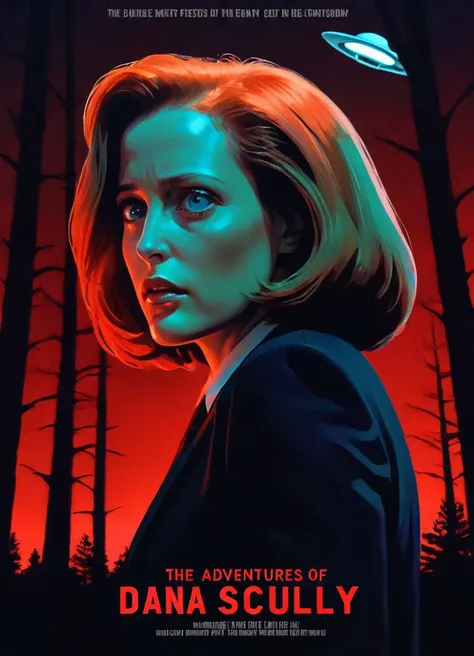 cinematic movie poster starring agentscully, realistic portrait of a woman, science fiction theme, night, dark sky, dramatic light, light effects, outside, trees in the background, ufo in the sky, movie title text "The Adventures of Dana Scully" in bold letters, red background, double exposure,
<lora:DanaScullyXL_v2:0.8>