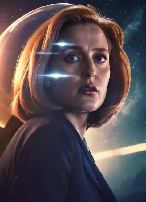 cinematic movie poster starring agentscully, realistic portrait of a woman, science fiction theme, night, dark sky, dramatic light, light effects, outside, ufo in the sky, movie title text "The Adventures of Dana Scully" in bold letters, mystery background, double exposure,
<lora:DanaScullyXL_v2:0.8>