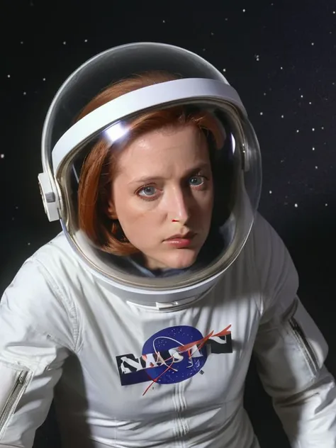 a woman with red hair looking at a <lora:Magical_Painting:0.8> magical painting of herself portrait as an astronaut, back facing the camera, painting has no frame, hanging on a normal wall, realistic, 8k, detailed face in painting