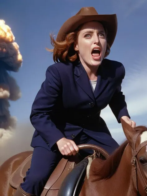 <lora:DanaScully:1> dana scully , riding a nuclear bomb, cowboy hat, shouting and screaming