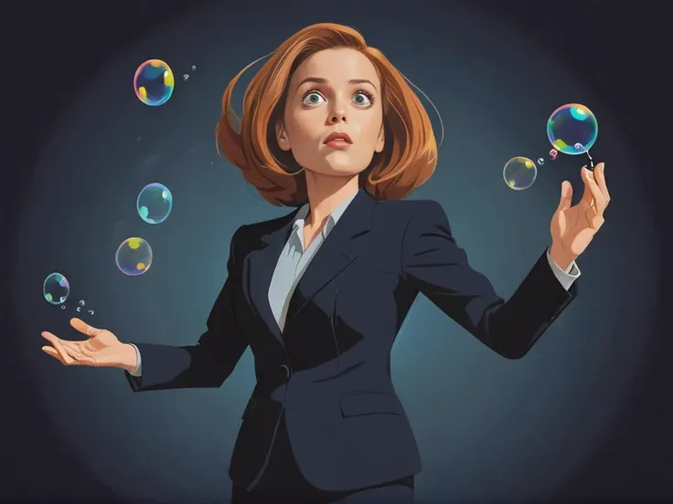 Dana Scully in a dark business suit, blowing soap bubbles into the air, dark background, cartoon,
<lora:DanaScullyXL:0.8>