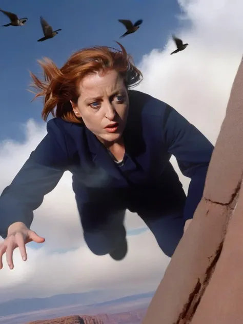 <lora:DanaScully:1> dana scully , climbing a mountain, from above, clouds, birds flying, scared expression, grabbing onto red rock