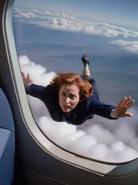 <lora:DanaScully:1> dana scully , climbing a mountain, from above, clouds, birds flying, wall-eyed, airplane seat window