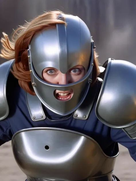 <lora:DanaScully:1> dana scully in knight armour, metal helmet covering eyes, steel platemail,  swinging a battleax, screaming (eyes open), leading the charge, massive army