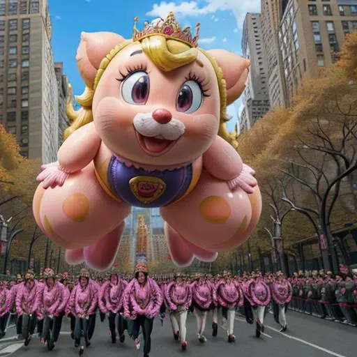 <lora:B41100n_01C-final:0.9>,a raw photograph of a large helium filled (B41100n balloon:1.1) shaped like (princess-peach:1.2),floating high above the street with team holding guide ropes,near Central Park in New York City,during Macy's parade,with park and trees behind,with tall buildings in background,realistic photograph,wide_angle_view,highres,absurdres,hyper realistic,HDR UDH 8K wallpaper,depth_of_field,photo realistic,award winning,best quality,masterpiece,intricately detailed,, high saturation