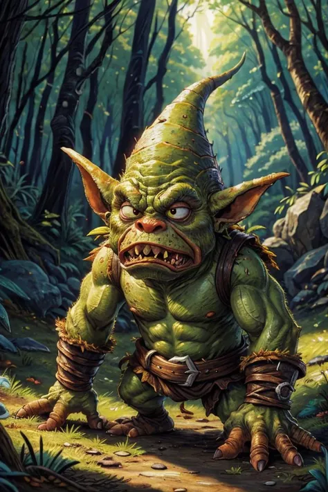 ((ultra detailed, glossy, smooth, )) goblin, лесной goblin, is going to attack, Lovecraft style, зелёный goblin, jumps out of the bushes, sharp fangs, группа goblinов, fantasy world,