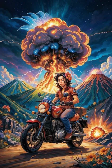 masterpiece, motorcycle,flower,character,art, volcano explosion, colorful, top quality, official art, beautiful and aesthetic