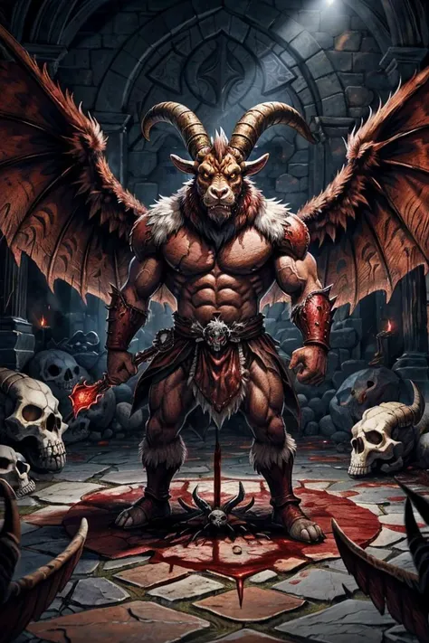 masterpiece, a goat headed demon with big horns, strong beefy upper body, demon skins, furs, ((claws, wings)), demonic armor, blood splatters, skulls on the floor, standing on a blood ritual , medieval, dark room, dim light
