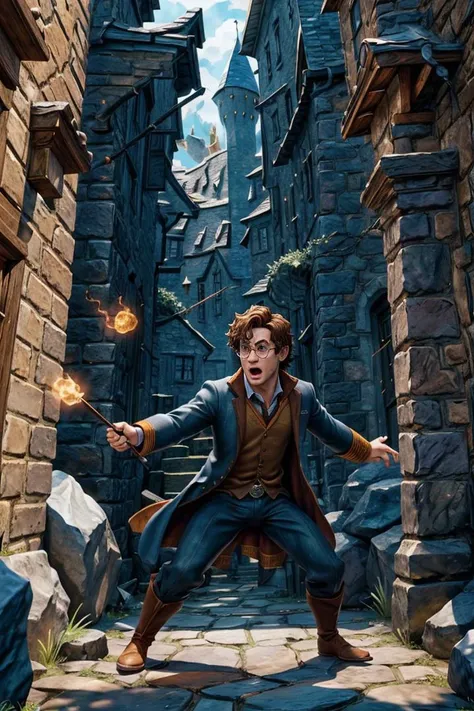 (dynamic pose:1.2),(dynamic camera),solo, Harry Potter character,(complex game screenshot background),shadows,(action movement, three-dimensional picture, impressive)