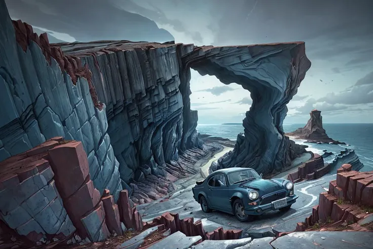 (dynamic pose:1.2),(dynamic camera), dark blue colored car Mercury on eroded cliffs, crumbling edges, treacherous footing, panoramic vistas high speed