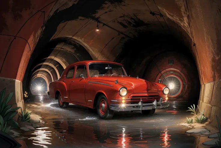 (dynamic pose:1.2),(dynamic camera),masterpiece, Crimson colored car Oldsmobile on underground water cistern, limited freshwater, dimly lit tunnels, cautious whispers high speed