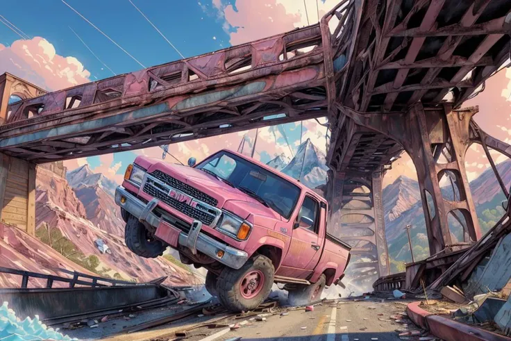 (dynamic pose:1.2),(dynamic camera),masterpiece, Pink colored car GMC on collapsed bridge, twisted metal, gaping chasms, severed transportation routes high speed