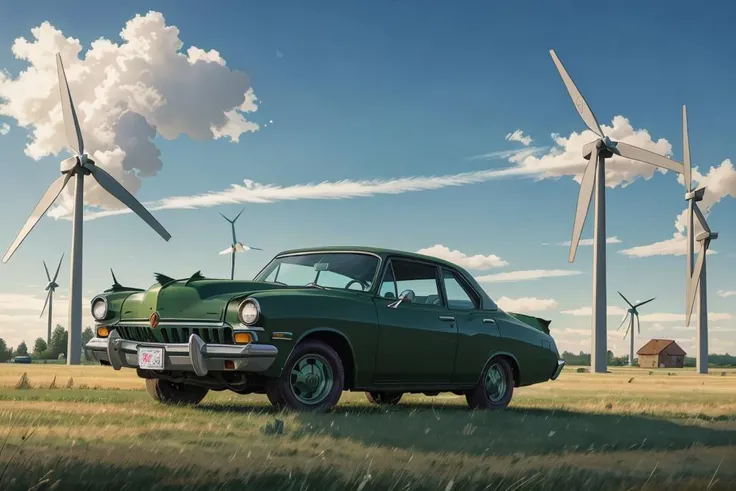 (dynamic pose:1.2),(dynamic camera),masterpiece, Dark green grass colored car Oldsmobile on broken wind turbines, tattered blades, silent energy, remnants of sustainability high speed
