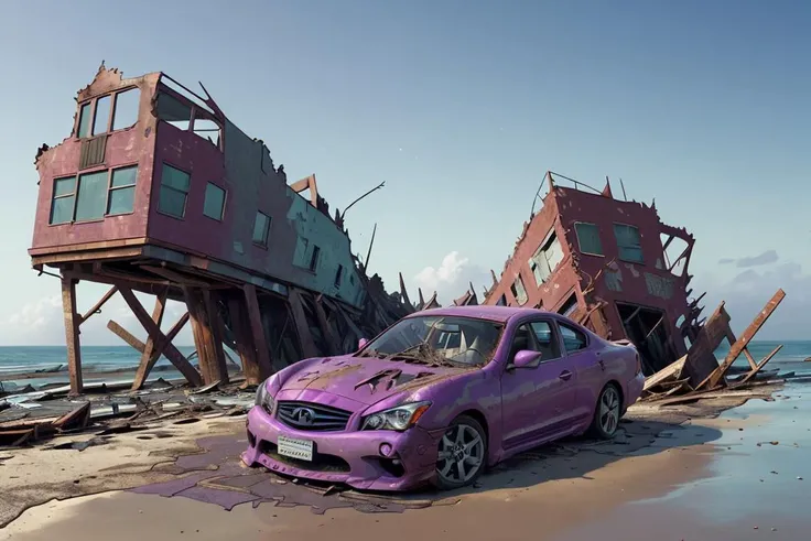 (dynamic pose:1.2),(dynamic camera), purpure colored car Infiniti on ravaged coastal town, destroyed boardwalks, shipwrecks, remnants of seaside life high speed