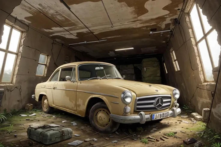 (dynamic pose:1.2),(dynamic camera),masterpiece, Khaki colored car Mercedes-Benz on forgotten underground bunker, survival supplies, abandoned quarters, hidden secrets high speed