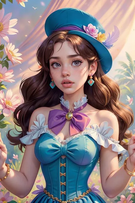 photo RAW,(Thoughtful facial expression 1girl, solo, long hair, Violet eyes, Chocolate Chip Cookie Brown hair, hat, dress, bow, Blowing a bubblegum pose, bare shoulders, jewelry gems, flower, earrings, parted lips, blurry, Cyan dress, lips, depth of field, bird, ring, feathers, corset, top hat, hat flower, hand on headwear,Realistic, realism, hd, 35mm photograph, 8k), masterpiece, award winning photography, natural light, perfect composition, high detail, hyper realistic