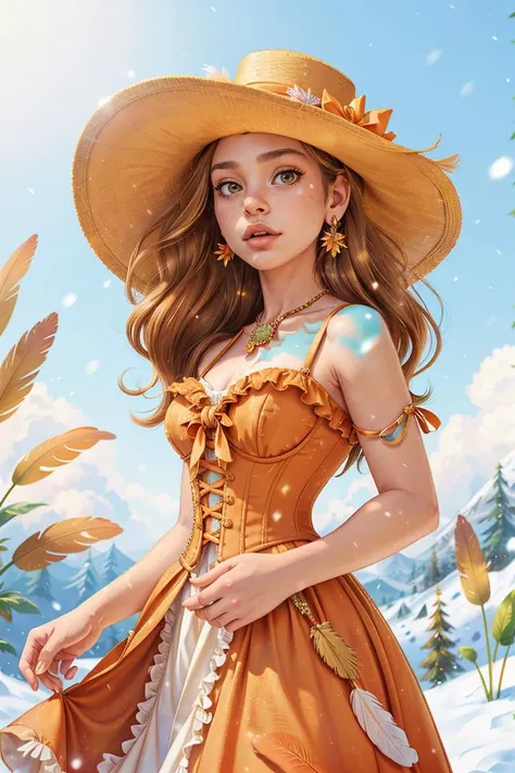 photo RAW,(Confused facial expression 1girl, solo, long hair, Brown eyes, Caramel Blonde hair, hat, dress, bow, holding, bare shoulders, jewelry gems, flower, earrings, parted lips, blurry, orange dress, lips, depth of field, bird, ring, feathers, corset, snow, top hat, snowing, hat flower, hand on headwear,Realistic, realism, hd, 35mm photograph, 8k), masterpiece, award winning photography, natural light, perfect composition, high detail, hyper realistic