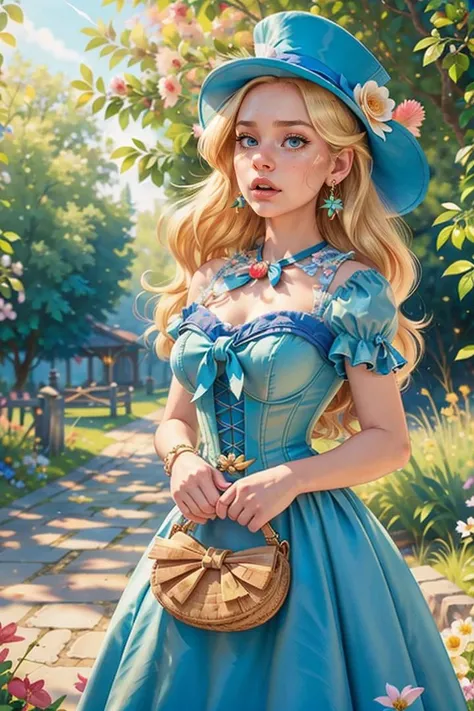 photo RAW,(Disgusted facial expression 1girl, solo, long hair, Blue eyes, Apple Pie Blonde hair, hat, dress, bow, Holding a bag pose, bare shoulders, jewelry gems, flower, earrings, parted lips, blurry, Olive dress, lips, depth of field, bird, ring, feathers, corset, top hat, hat flower, hand on headwear,Realistic, realism, hd, 35mm photograph, 8k), masterpiece, award winning photography, natural light, perfect composition, high detail, hyper realistic
