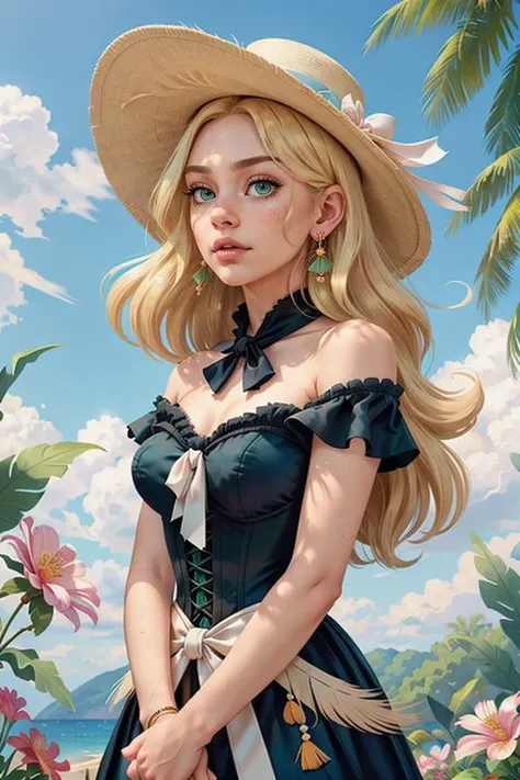photo RAW,(Nervous facial expression 1girl, solo, long hair, Light Green eyes, Coconut Blonde hair, hat, dress, bow, Standing with arms crossed at the chest pose, bare shoulders, jewelry gems, flower, earrings, parted lips, blurry, black dress, lips, depth of field, bird, ring, feathers, corset, top hat, hat flower, hand on headwear,Realistic, realism, hd, 35mm photograph, 8k), masterpiece, award winning photography, natural light, perfect composition, high detail, hyper realistic