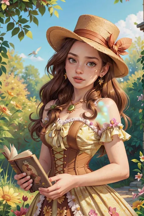 photo RAW,(Whimsical facial expression 1girl, solo, long hair, Hazel eyes, Tiramisu Brown hair, hat, dress, bow, Holding a book or magazine pose, bare shoulders, jewelry gems, flower, earrings, parted lips, blurry, Lime dress, lips, depth of field, bird, ring, feathers, corset, top hat, hat flower, hand on headwear,Realistic, realism, hd, 35mm photograph, 8k), masterpiece, award winning photography, natural light, perfect composition, high detail, hyper realistic